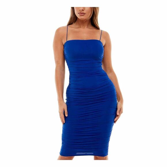 B.Darlin Slim Fit Mesh Overlay Thin Elastic Strap Dress In Royal Blue - - Picture 2 of 3